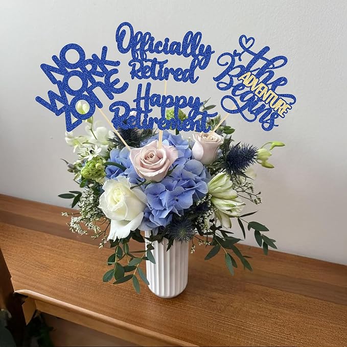 Ephlyn 16Pcs Happy Retirement Centerpiece Sticks Officially Retired Table Flower Centerpieces Sticks No Work Zone Floral Decorations for Farewell Birthday Party Centerpieces Supplies Blue
