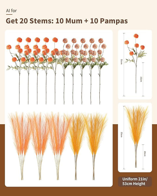 Faux Fall Flowers Artificial Mums 10 Stems +10 Branches Pampas Grass,Long Stems Silk Flowers Autumn Home Decor,Fake Floral Pompon For Table Vase Filler,Halloween Centerpieces,Wedding Arrangements