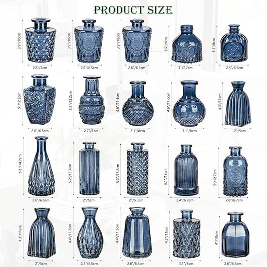 Glass Bud Vases Set of 20, Small Flower Vase in Bulk for Centerpieces, Mini Vintage Blue Vases for Rustic Wedding Vintage Home Table Decor