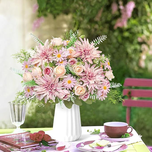 2PCS Artificial Flowers Dahlia Bouquet Fake Flowers Purple Silk Roses Daisies Faux Floral Arrangements for Dining Table Centerpieces for Kitchen Bridal Bouquet Wedding Party Home Decor