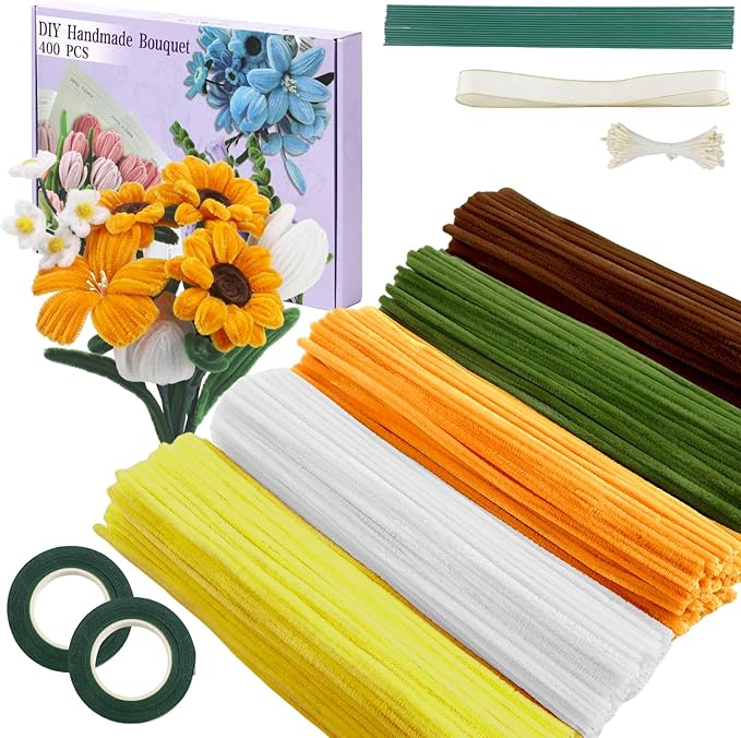 400 Pcs Pipe Cleaners Craft,5 Assorted Colors Pipe Cleaners Bulk, Chenille Stems for DIY Flower Making Kit with Floral Wires, Gardening Tape,Stamen& Ribbon (Sunflowers)