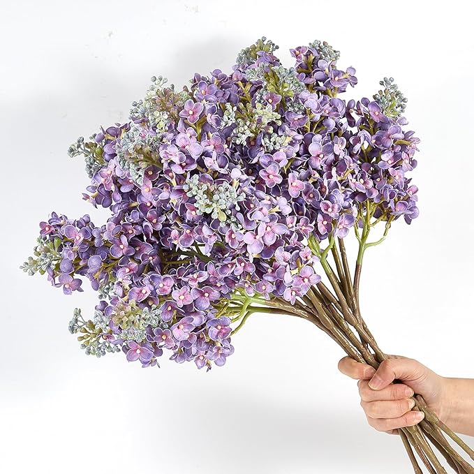 4PCS 25.6inch Lilac Artificial Flowers Purple Fake Delphinium Long Stem Silk Real Touch Flower Faux Lilac Floral Arrangement for Tall Vase Table Centerpieces Wedding Garden Home Decoration(Purple)