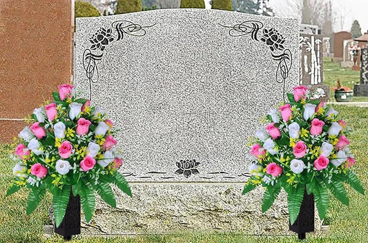 Artificial Cemetery Flowers, Gravesite Decoration Roses, Memorial Bouquets with Cemetery Vase, Vibrant and Long-Lasting Colors (Pink+White, 2 Bundles)