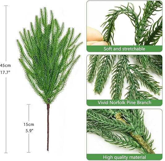 16 Pcs Christmas Norfolk Pine Stems Fake Cypress Stems Plastic Pine Greenery Real Touch Greenery Picks Artificial DIY Plastic Picks for Holiday Winter Table Xmas Decor(NO VASE)