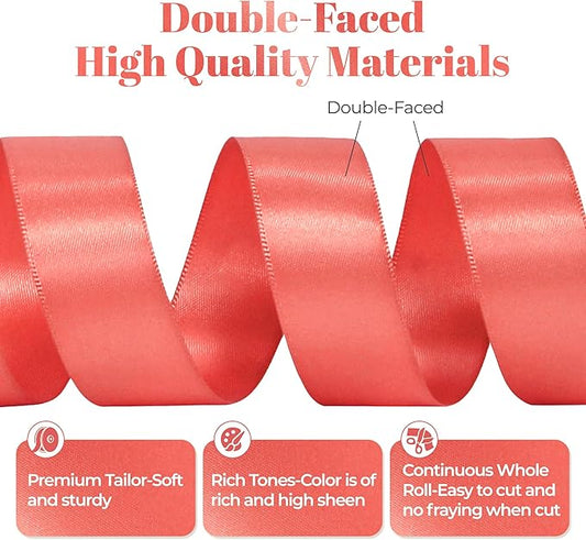 Coral Satin Ribbon, Double Faced 7/8 Inch X 50 Yards Coral Ribbon, for Gift Wrapping, Crafts, Hair Bow Making, Sewing, Flower Bouquet, Wedding Party Decor