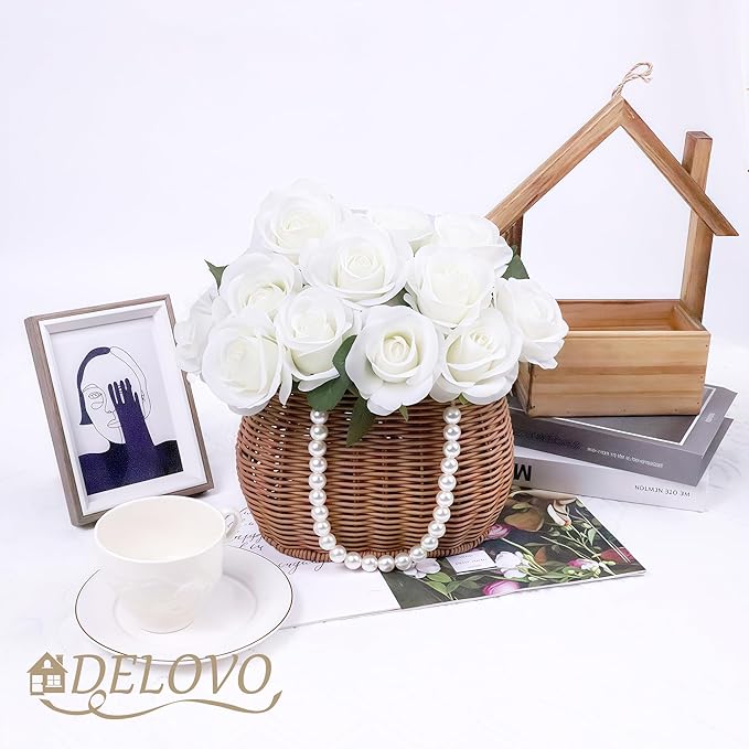 52pcs Ivory Roses Artificial Flowers Ivory White Roses Fake Flowers Silk Roses with Stems for DIY Wedding Bouquets Bridal Shower Centerpieces Arrangements Party Decorations