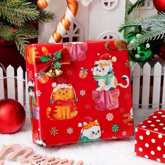 MAYPLUSS Christmas Wrapping Paper Roll - 17 Inch X 33 Feet - Cute Cat Christmas Hat Reversible Polka Dot Gift Wrapping Paper, Thick Wrap Paper for Holiday Party New Year Kids