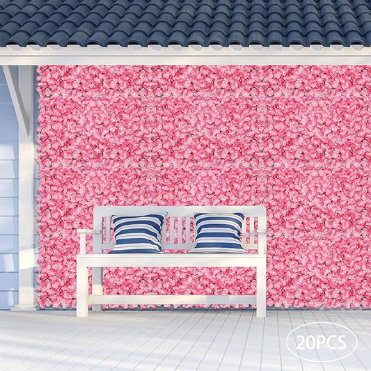 Flower Wall Panel Set, Artificial Wall Flower Backdrop,Artificial Flower Wall Mat Silk Rose Flower Panels,Hydrangea Rose Floral Panel for Party Wedding (20PCS Pink), LZ-290906