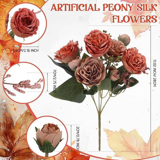 Geosar 16 Bundles Artificial Peonies Flowers Fake Silk Peony Bouquet Faux Peonies Flowers Bulk for Decoration Vase Floral Arrangements Wedding Party Table (Orange,Brown)