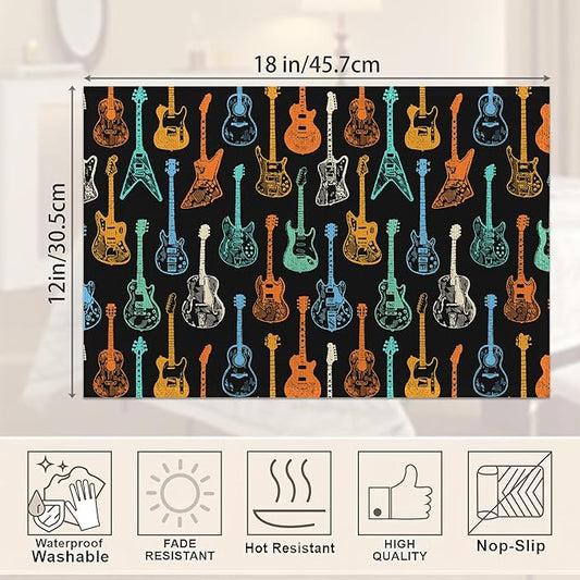 Colorful Guitar Placemats Set of 6, Waterproof Non-Slip Washable Table Mats Set for Kitchen Dining Holiday Party Wedding Decor 12x18 Inch