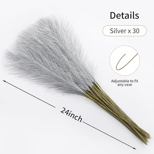 Faux Silver Pampas Grass - 30pcs 24 Inch Short Artificial Pampas Grass Decor, Fake Pompas Floral for Vase Filler, Wedding Flower Arrangement, Party and Home Decor (Silver, 30 Pieces)