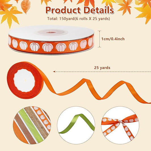 Stain Ribbon 6 Rolls Fall Harvest Thanksgiving Pumpkin Wrapping Ribbon 3/8 Inch x 150 Yards for Crafts Bows Decor