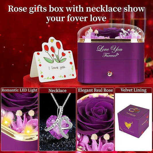 Preserved Purple Real Rose with Heart Necklace -Eternal Flowers Rose Birthday Gifts for Women Wife Mom Girlfriend Grandma Gifts Idea on Christmas Valentines Mothers Day for Her