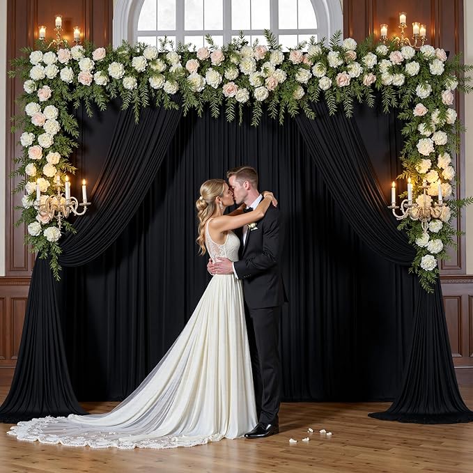 gogoparti 20x15 ft Black Backdrop Curtain for Weddings & Parties - 4-Panel Wrinkle-Free Polyester Drape, 15 FT Long for Birthday, Baby Shower, Halloween Photography Background