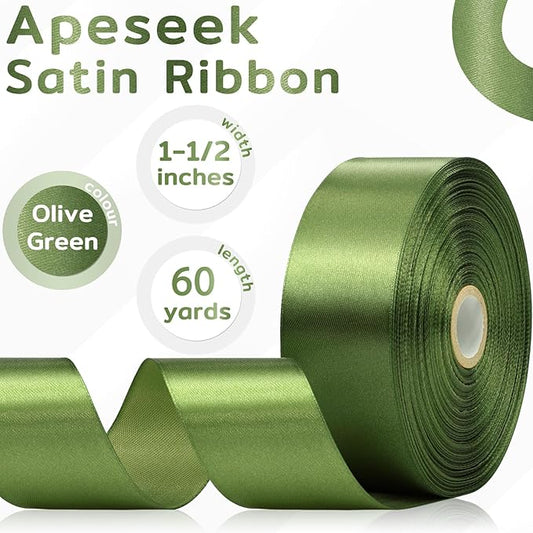 60 Yards Olive Green Satin Ribbon 1-1/2 Inch, Solid Polyester Fabric Ribbon for Gift Wrapping, Crafts, Flower Bouquet, Wedding, Baby Shower, Festival, Christmas, Halloween