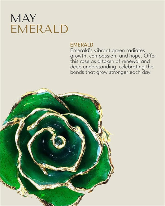 Forever Rose Hand-Dipped in 24K Gold, Emerald-Inspired May Birthstone with Sparkles, Real Rose in Leather Case with LED Light – Perfect Ready to Gift for May Birthday or Any Occasion