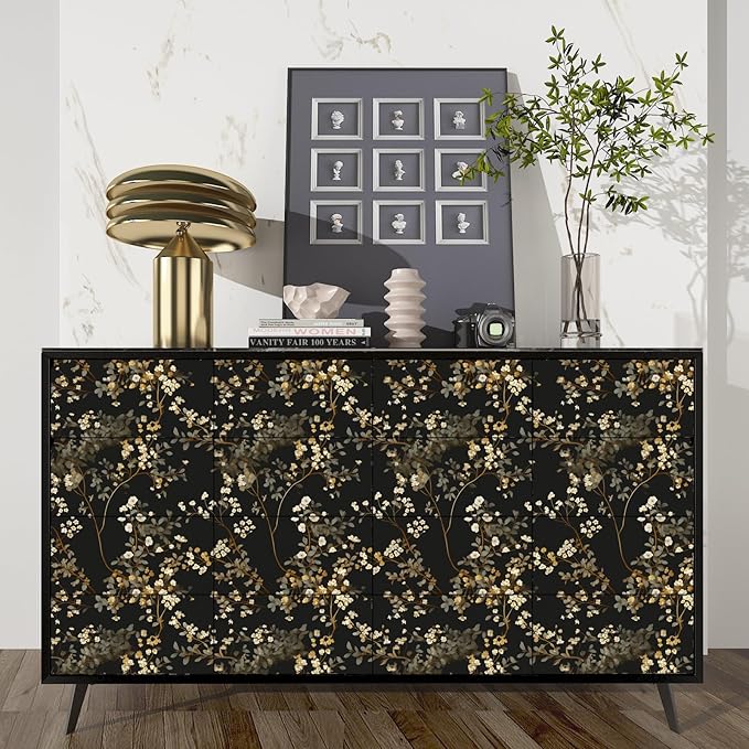 Black Floral Wallpaper Classic Leaves Wall Paper 17.4" x 118" Dark Moody Contact Paper Vintage Chinoiserie Watercolor Self Adhesive Covering for Bedroom Bathroom Cabinet Home Decor Beige Gold