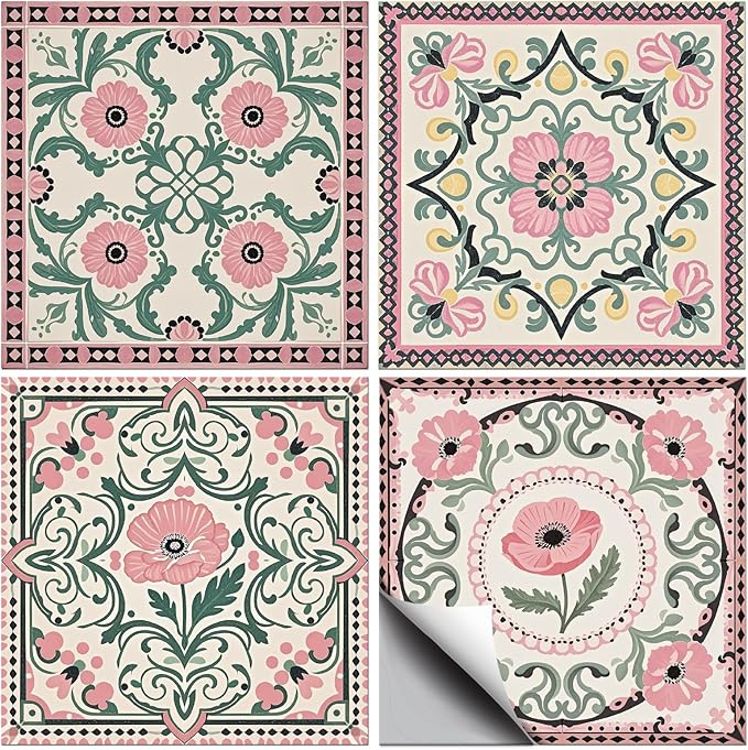 CHGCRAFT 36 Pcs 4 Style Wall Stickers Pink Flower Pattern Peel and Stick Wall Tile Sticker Vintage Flower Waterproof Self Adhesive Stick on Tile Decals for Kitchen Bathroom Art Decor, 4×4 Inch