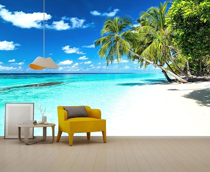 Palm Tree Wall Mural Tropic Paradise Beach Seascape Murals Wallpaper for Walls Bedroom Living Room Bedroom TV Background Kids Room Decoration(Not Peel and Stick)