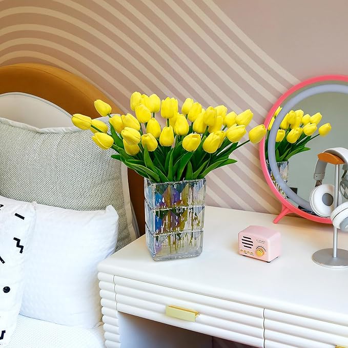 36 PCS Yellow Tulips Artificial Flowers 13" PU Fake Flowers for Wedding Home Decor (Yellow)