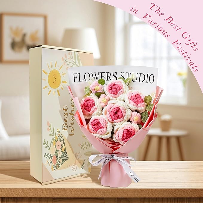 Pink Crochet Flower Bouquet Pink Knitted Rose Flowers Handmade Rose Pink Crochet Bouquet for Wedding, Anniversary, Christmas, Crochet Gifts for Women (Includes Card)