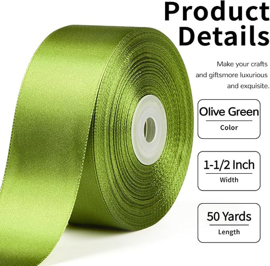 1-1/2 Inch Wide Olive Green Satin Ribbon, 50 Yards Solid Polyester Fabric Ribbon for Roses Making, Gift Wrapping, Christmas, Wedding Decorations, Crafts, Bows, Flower Bouquets