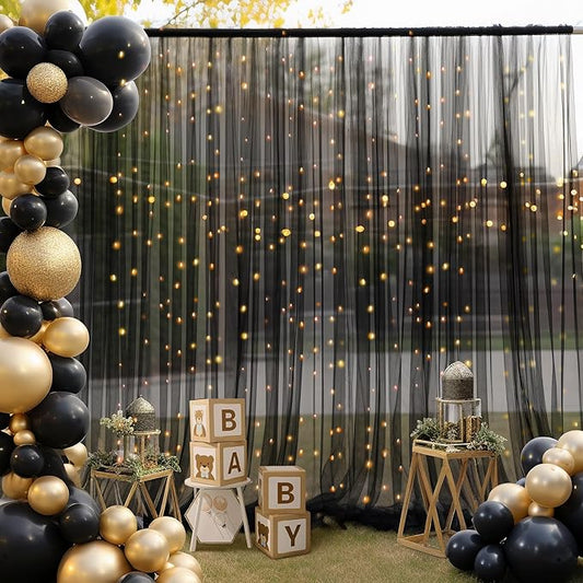 20ft x 10ft Black Backdrop Curtain with Lights String for Parties, Sheer Tulle Wedding Photo Backdrops Drapes for Baby Shower Birthday Party Decorations Background for Photography
