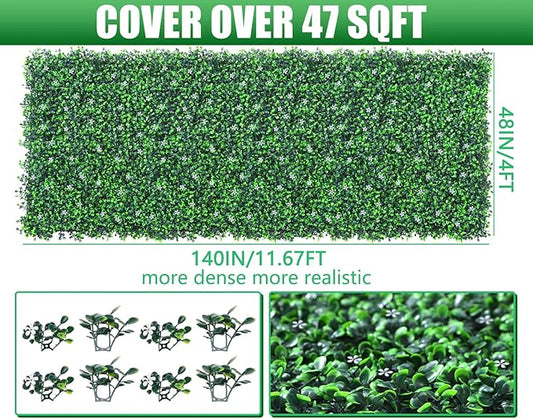 48"x 144"(47 sq.ft) Artificial Boxwood Roll Panels with Flowers, UV-Anti Faux Ivy Leaves Privacy Fence Screen, Grass Wall Roll Panels for Indoor Home Decor and Outdoor Garden Backyard