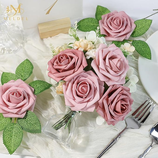 Meldel Artificial Flower 25pcs Real Touch Blush Pink Rose Fake Foam Roses with Stems for DIY Wedding Bouquets Gifts Bridal Shower Faux Floral Centerpieces Arrangements Home Party Tables Decorations