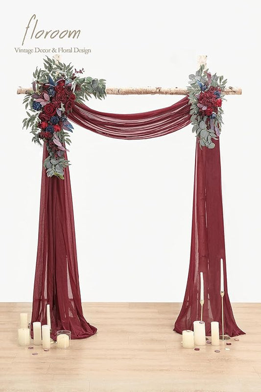 Floroom Arch Flowers with Drapes Kit (Pack of 4) - 2pcs Artificial Burgundy & Navy Blue Floral Swag Arrangement with 2pcs Draping Fabric for Wedding Ceremony Arbor and Reception Backdrop Decoration