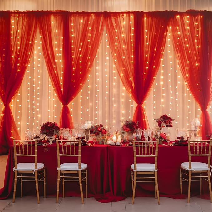 10x10ft Red Tulle Backdrop Curtain with Lights String for Parites, Sheer Backdrop Curtains for Christmas Wedding Baby Shower Birthday Party Photo Shoot Decorations