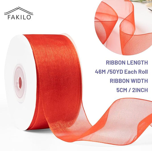 Red Organza Ribbon for Gift Wrapping, FAKILO 2 Inch Shimmer Sheer Wrapping Ribbon for Bouquet, Wedding,Festival - 50 Yards Each Roll