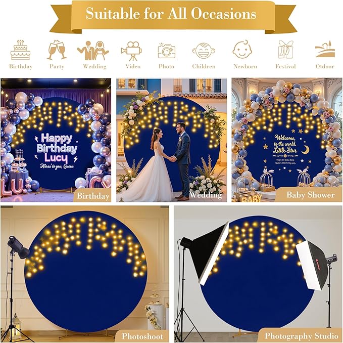 6.6 FT Navy Blue Round Backdrop Cover with Lights String for Circle Arch Stand Circle Backdrop Covers with LED Fairy Lights for Wedding Arch Baby Shower Birthday Party Photo Photography Background