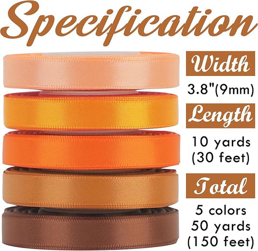 HUIHUANG Satin Ribbon 3/8 inch Orange Terracotta Double-Faced Silk Satin Ribbons for Hair Crafts Bows Making Gift Wrapping Fall Wedding Bridal Shower Decor - 5 Rolls, Total 50 Yards