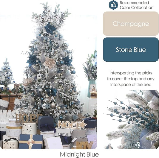 Sea Team 24-Pack Artificial Glitter Berry Stem Ornaments, Decorative Bead Sticks, Glittery Twigs, Picks, Branches for Christmas Tree, Small Vase, Holiday, Wedding, Party (17 Inches, Stone Blue)