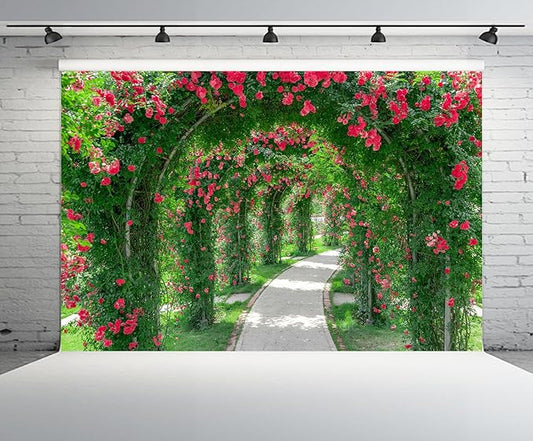 15ftx10ft Spring Flower Garden Backdrop Blossoms Flower Arch Garden Architecture Pillars Blooming Flowers Garden Path Photo Background Outdoor Wedding Portraits Photo Studio Props Wallpaper