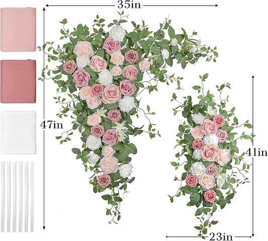Ting's time Arch Flowers with Drapes Kit (Set of 5)-2Pcs Artificial Floral Swag Arrangement 3Pcs Draping Fabric for Wedding Floral Party Outdoor Decor (Dusty Rose)