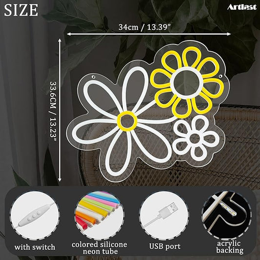 Daisy Flower Neon Sign, 13.39x13.23 inches, Cool White+Warm White+Yellow, Acrylic, Wall Mount, LED, Boho Flower, Decorative Signage for Home Decor, Gifting, Boho Vintage Decor