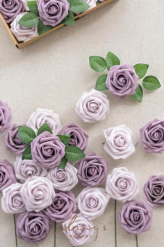 Ling's moment Artificial Flowers 25Pcs Dusty Violet Roses Decor w/Stems,3" Real Touch DIY Foam Floral for Wedding Bouquet/Centerpieces, Outdoors Party Backdrop, Room/Table, and Garden/Pot Decorations