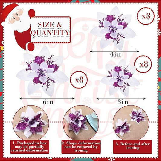 Geosar 24 Christmas Glitter Artificial Poinsettia Flowers Xmas Poinsettia Artificial Wedding Flowers Decorations Xmas Tree Ornaments with Clips for Party Favors, 6 Inch, 4 Inch, 3 Inch (White Purple)