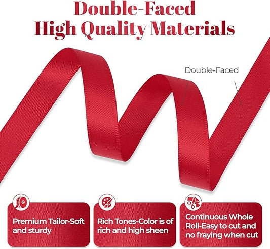 Premium Double Faced Satin Ribbon, 1/2 Inch X 50 Yards, Red, Perfect for Gift Wrapping, Crafts, Wedding Decor