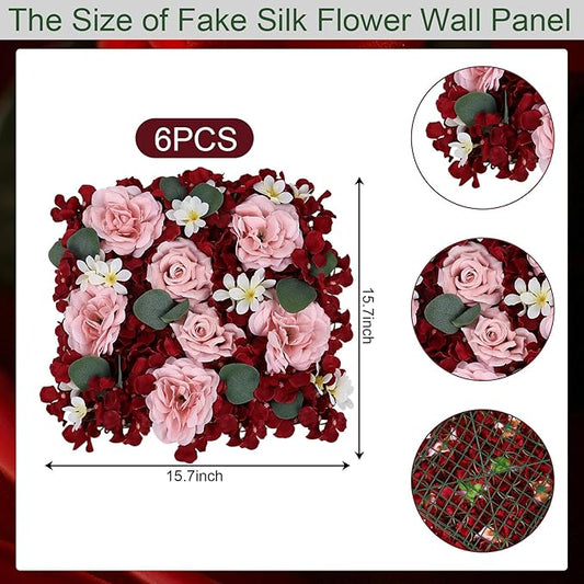 Pack of 6 Artificial Silk Flower Panels, Faux Floral Wall Background for Wedding Party Engagement Bridal Shower Arrangement Home Decorations - Burgundy & Dusty Pink