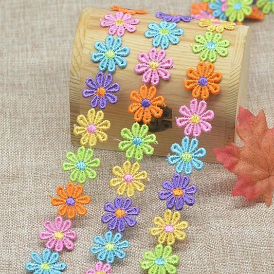 15 Yards Daisy Flower Lace Trim Embroidered Floral Lace Sewing Trim Ribbons for Embellishment Craft Dress Hair Accessories Decorations(Rainbow)