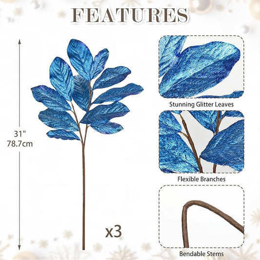 31" Royal Blue Christmas Glitter Leaves Tree Picks and Sprays, 3PCS Artificial Glitter Magnolia Stems for Christmas Tree DIY Garland Wreath Centerpiece Vase Wedding Winter Holiday