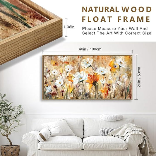 Framed Abstract Floral Wall Art for Living Room Decor Flowers Canvas Wall Pictures White Red Orange Yellow Brown Modern Daisy Artwork Canvas Prints Bedroom Kitchen Office Home Wall Decor 20"x 40"