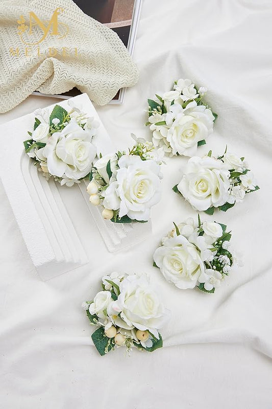Meldel Pocket Boutonniere for Men, Set of 6, Groom Groomsman Boutonnieres for Wedding Prom Suit Accessories, Artificial White Rose Corsage for Party Ceremony Anniversary Graduation Flowers
