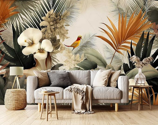 Flower Series Mural Colorful Leaves Seamless Wall Mural, Birds Resting on Flowers Wallpaper for Bedroom, Living Room, Bathroom Background Wall Decoration(Non-self-Adhesive)