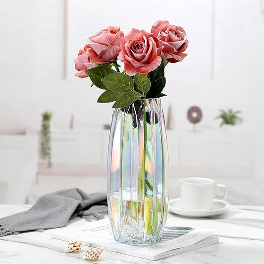 Glass Vase - Modern Ribbed Glass Vase for Flowers, Candles, and Decorative Accents -Black Grey, Amber, Clear and Colored Tall/Short Glass Vase for Centerpieces Home Table Decor (Colored, H-11.8inch)