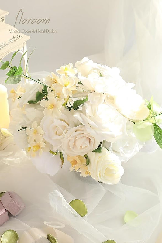 Floroom Cream White Artificial Flowers Ivory Fake Roses Peonies Dahlias and Greenery Combo Box Set for DIY Wedding Bouquets Bridal Shower Centerpieces Floral Arrangements Party Tables Home Decorations