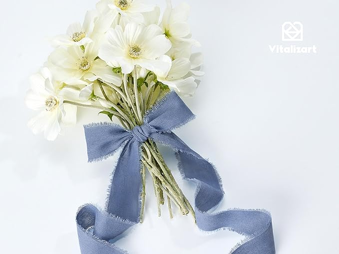 Vitalizart 100% Cotton Ribbon 1-1/2" x 15 Yd Blue & White Handmade Frayed Fringe Fabric Ribbons for Gift Wrapping Wedding Invites Bridal Shower Bouquets Christmas Decorations